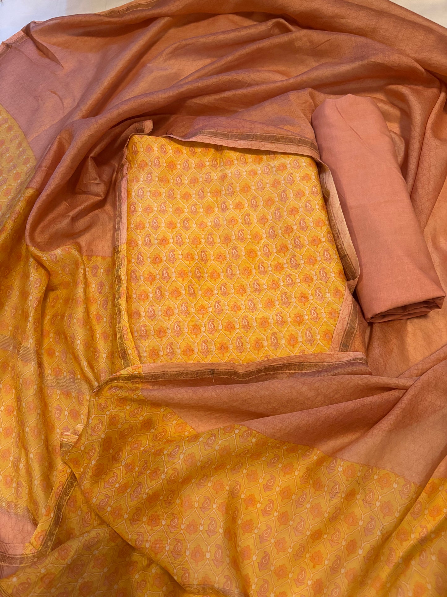 Mango & Peach Pure Chanderi Unstitched Suit