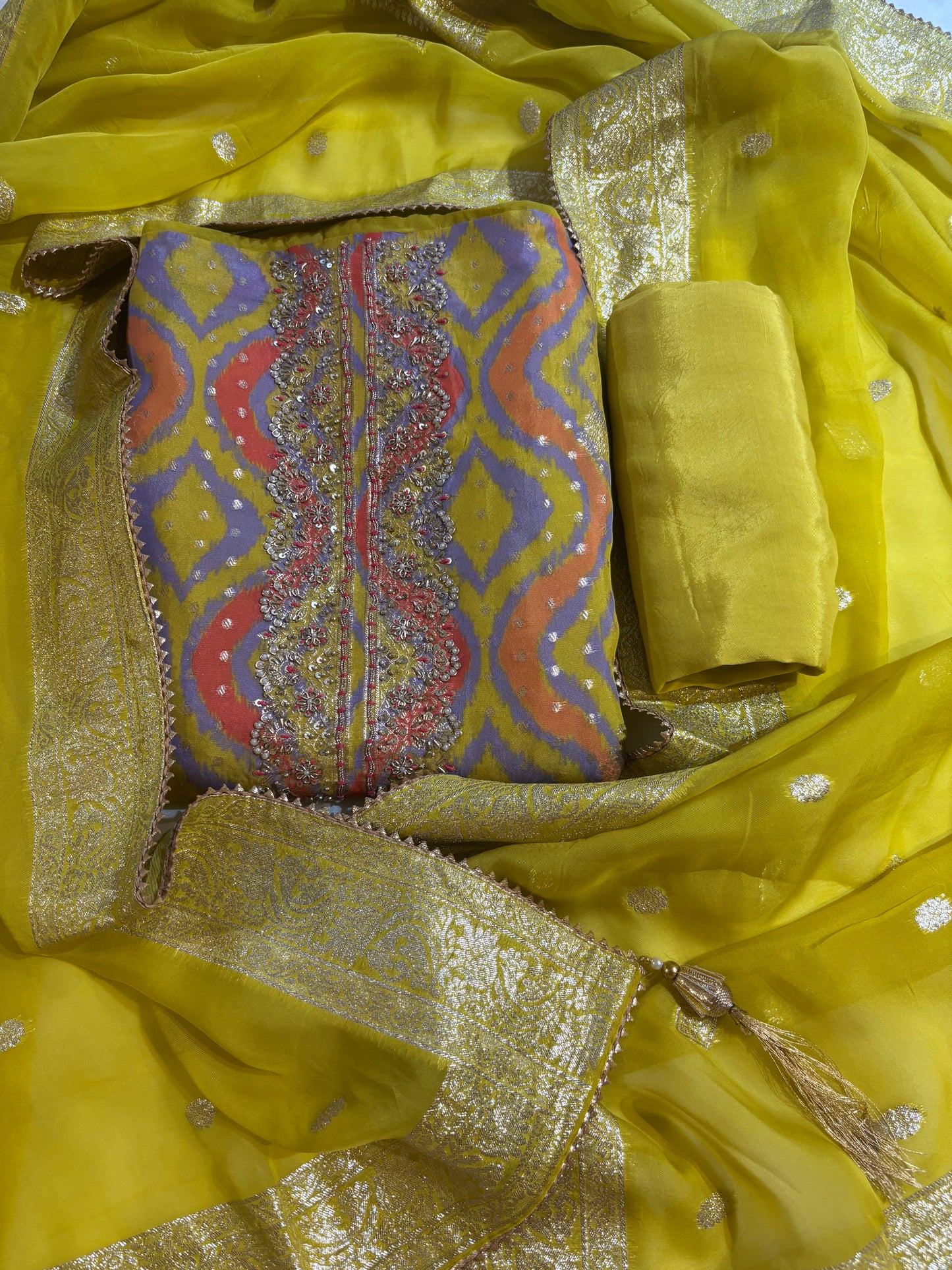 Yellow Banarsi hand embroidered suit