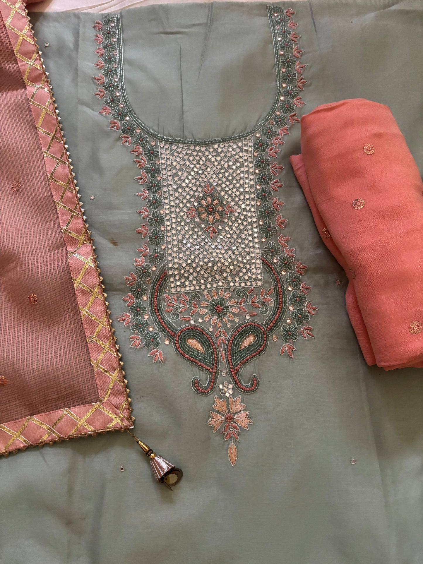 Peach handwork chanderi suit