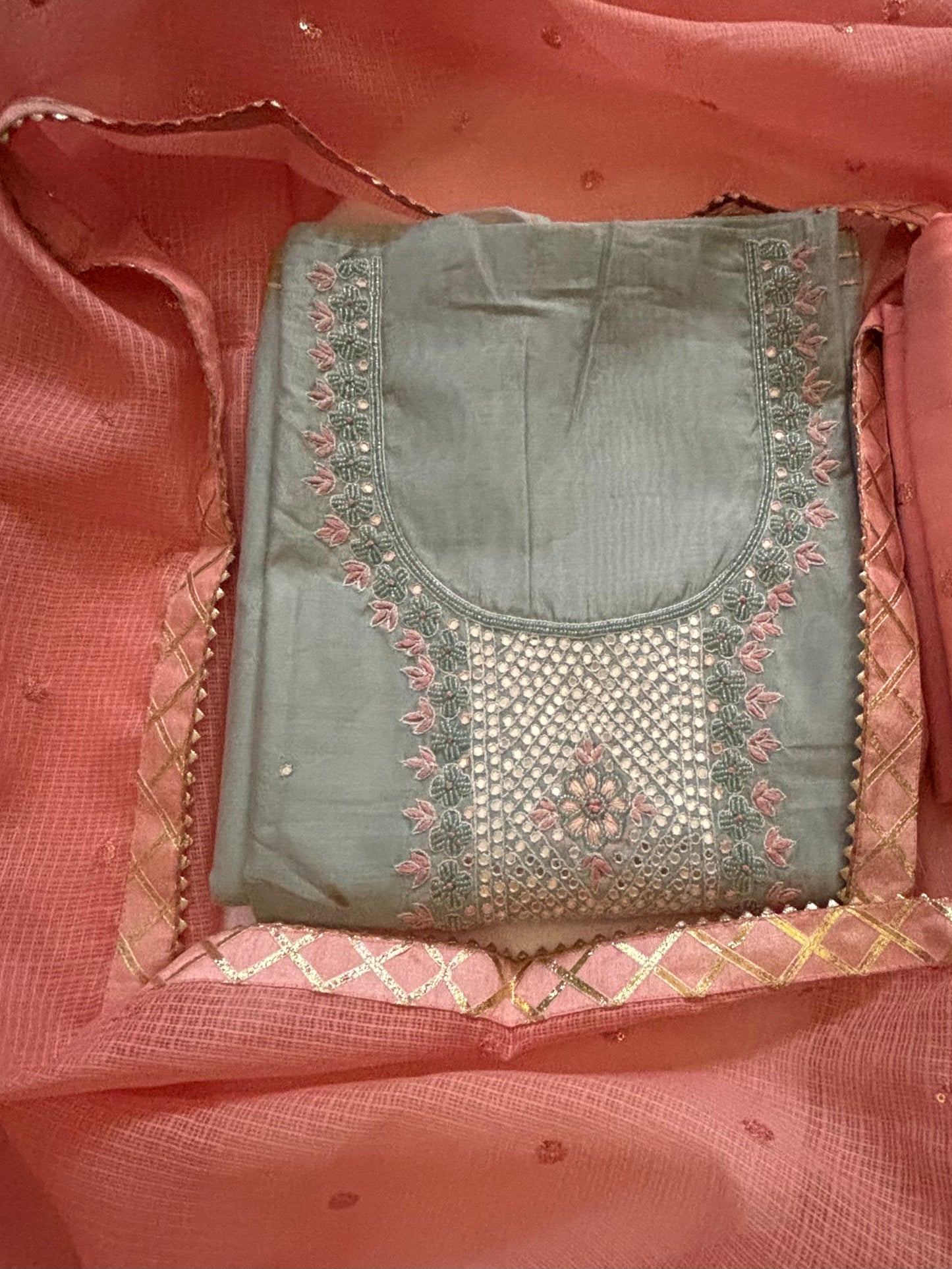 Peach handwork chanderi suit