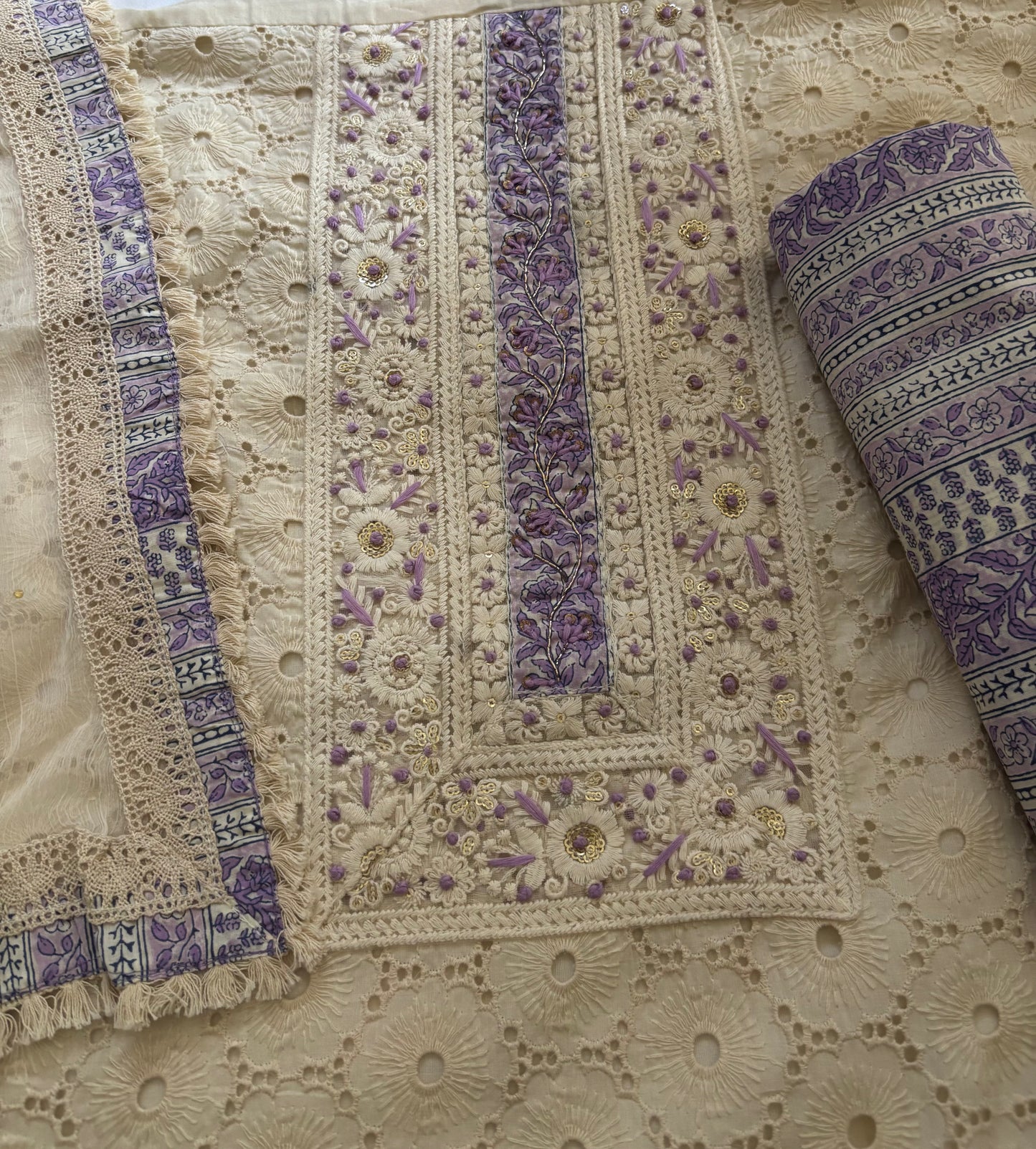 Cream cutwork suit
