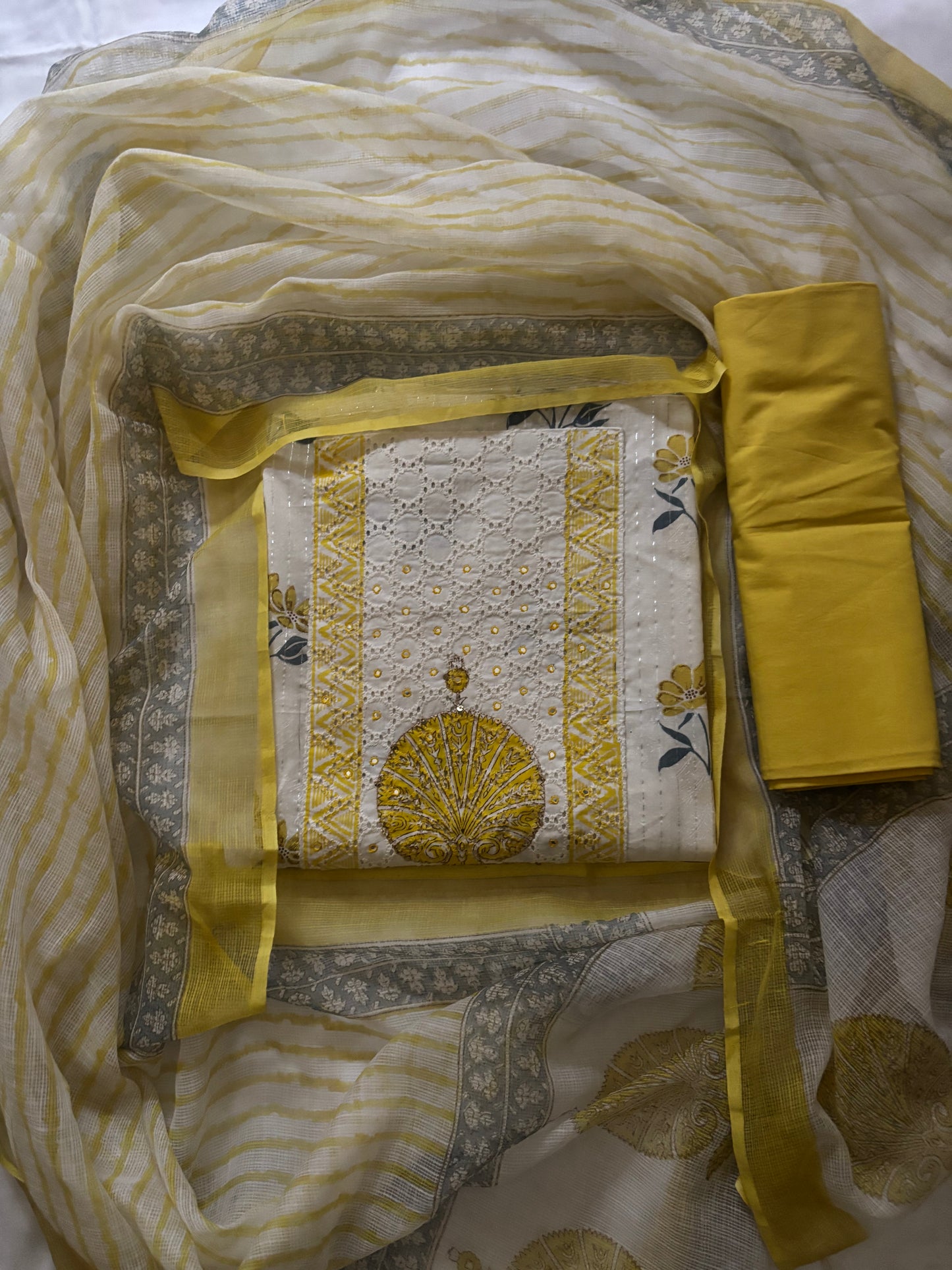 White hand embroidered cotton suit