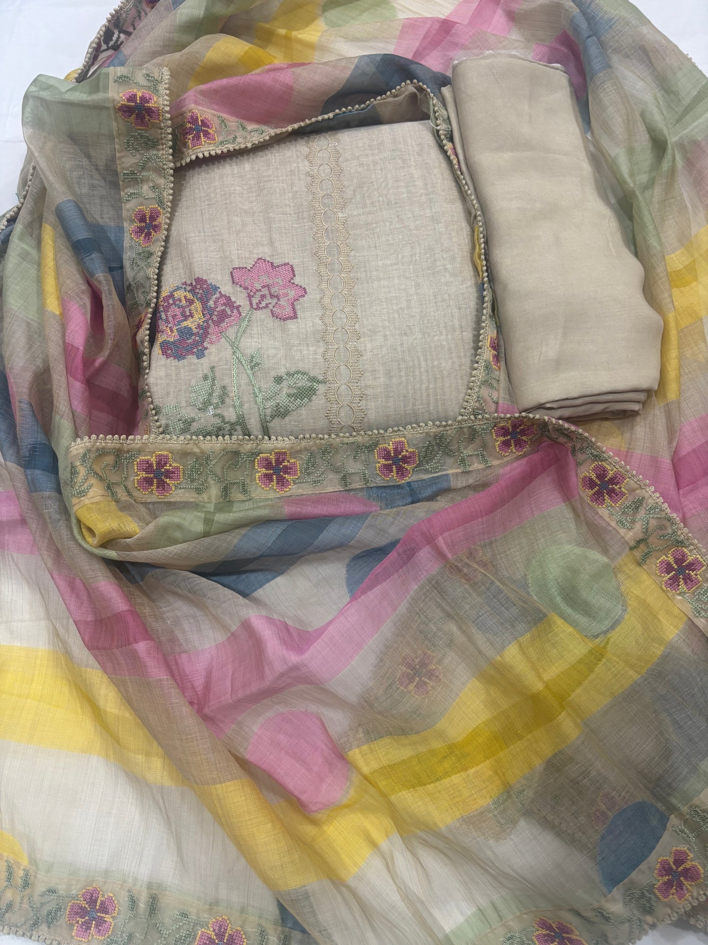 Beige Mul Chanderi Suit